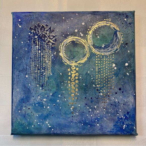 Abstract Acrylic Dream Catcher Blue and Gold Mini Painting, 6x6" - Picture 10 of 10